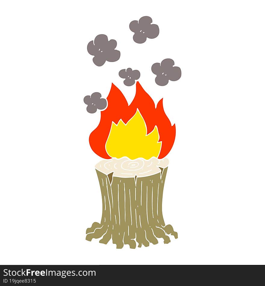 flat color illustration of a cartoon burning tree stump