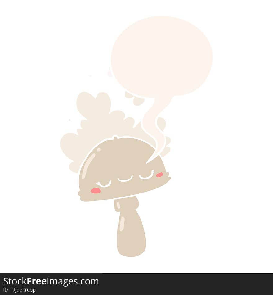 cartoon mushroom and spoor cloud and speech bubble in retro style