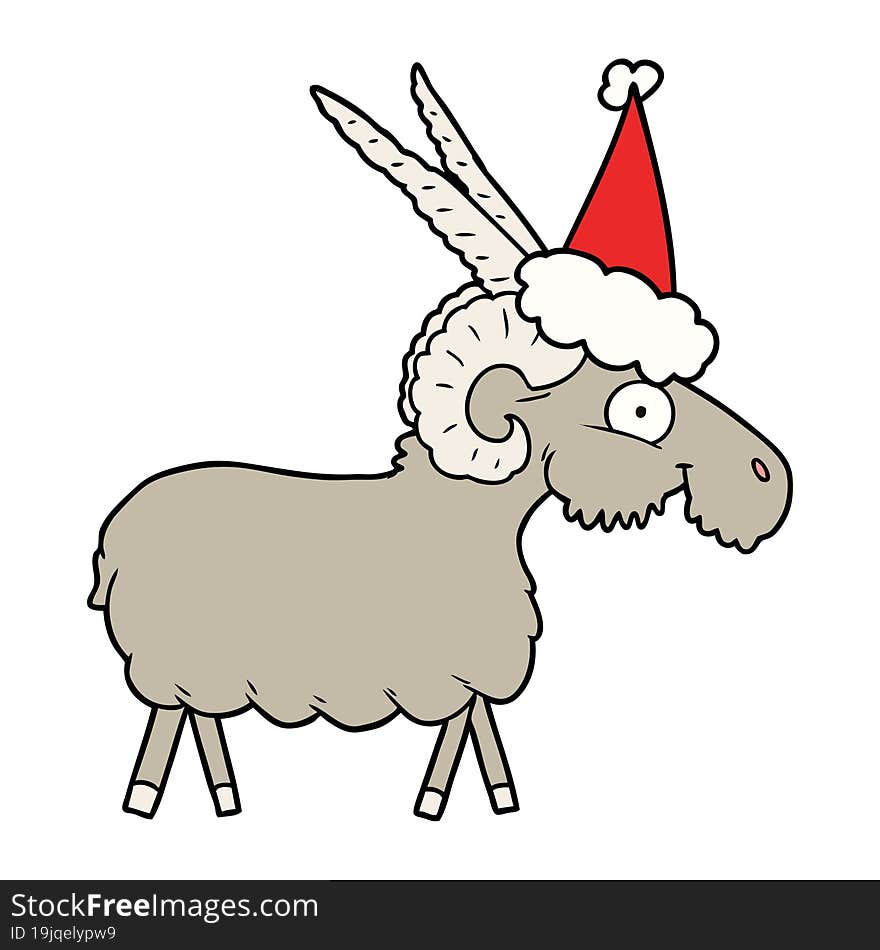 hand drawn line drawing of a goat wearing santa hat