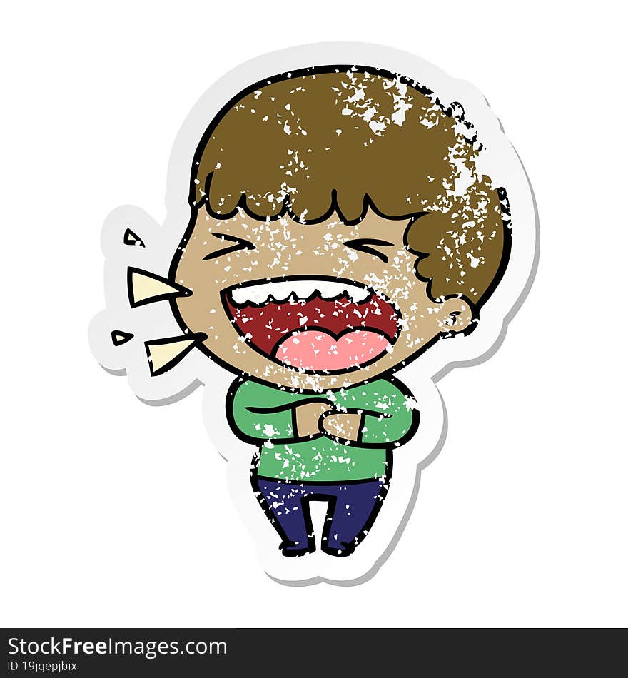 distressed sticker of a cartoon laughing man