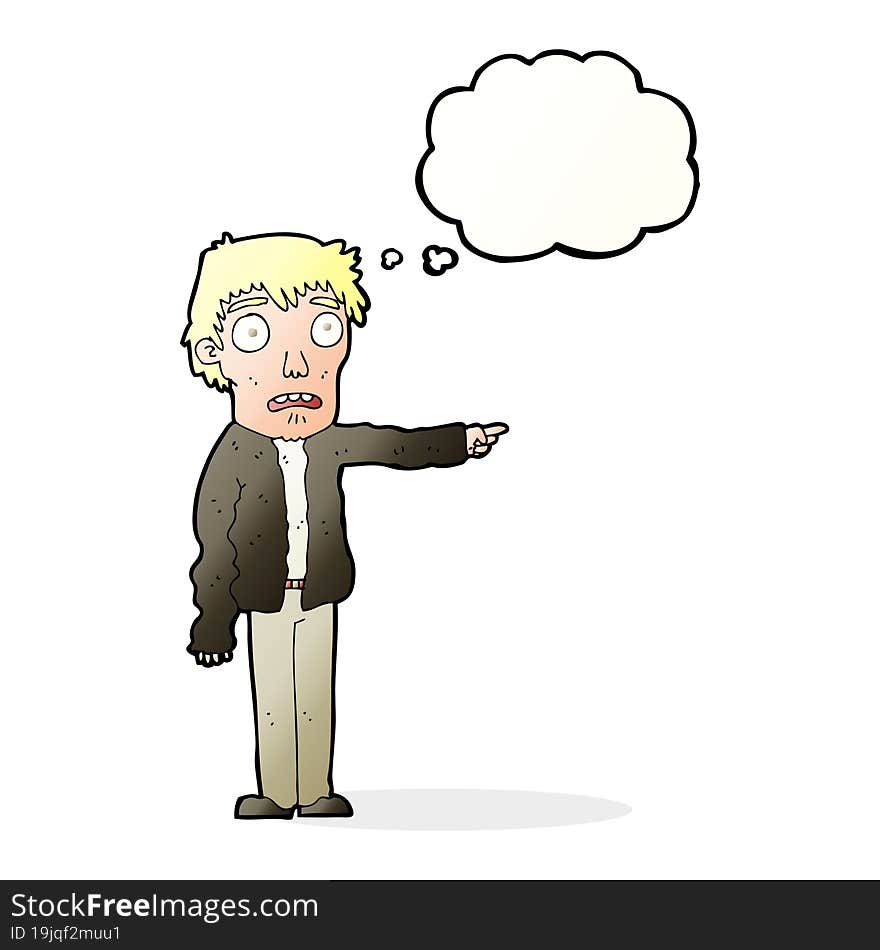 cartoon terrified man pointing with thought bubble