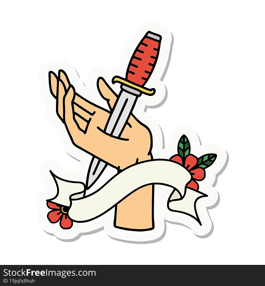 tattoo sticker with banner of a dagger in the hand