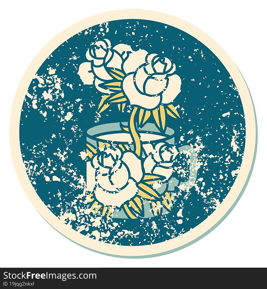 distressed sticker tattoo style icon of a cup and flowers