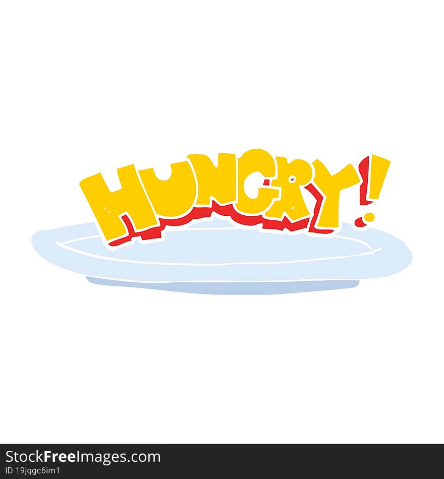 flat color illustration of a cartoon empty plate with hungry symbol