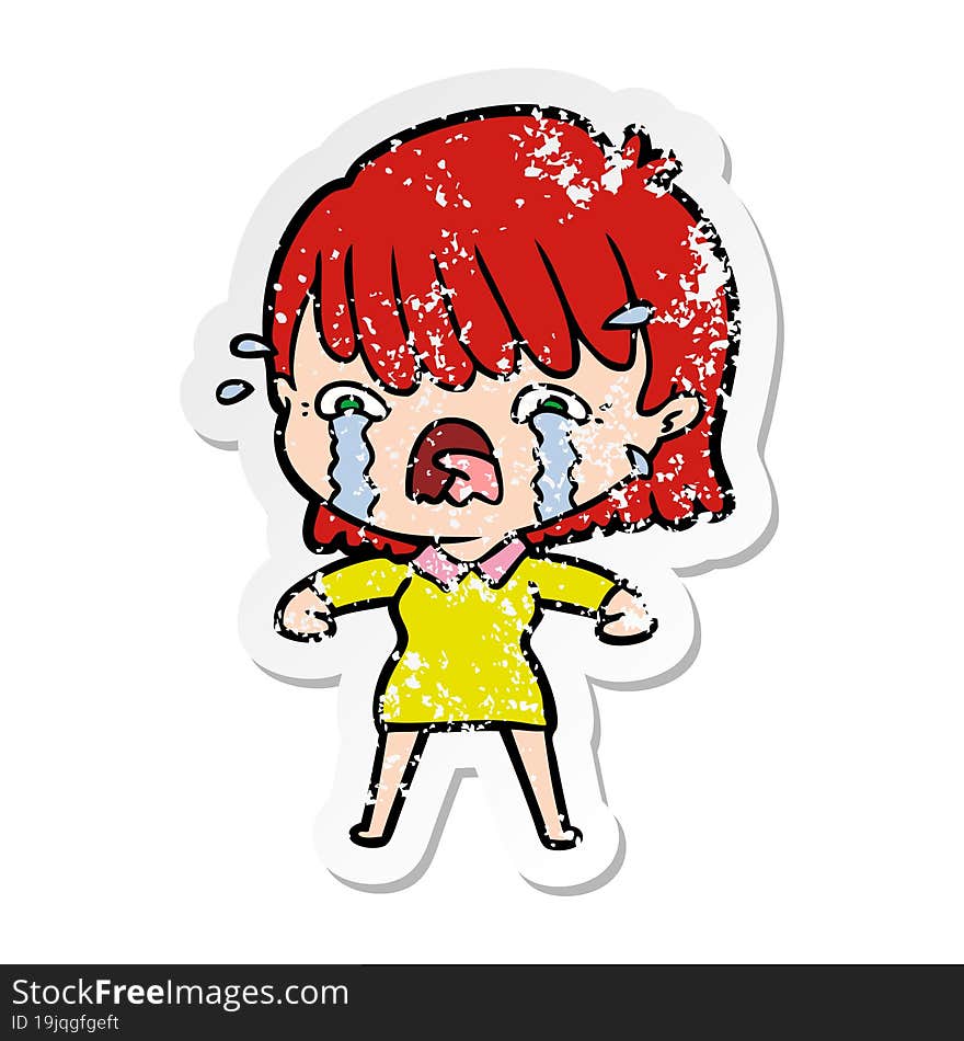 distressed sticker of a cartoon girl crying