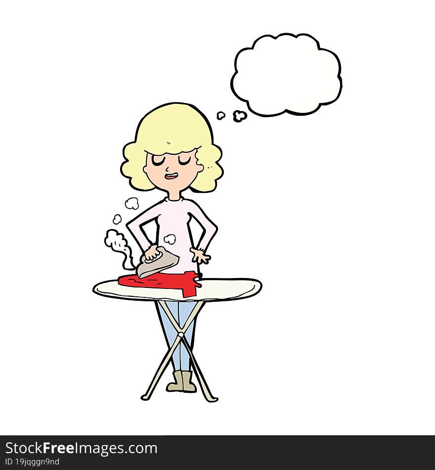 cartoon woman ironing with thought bubble