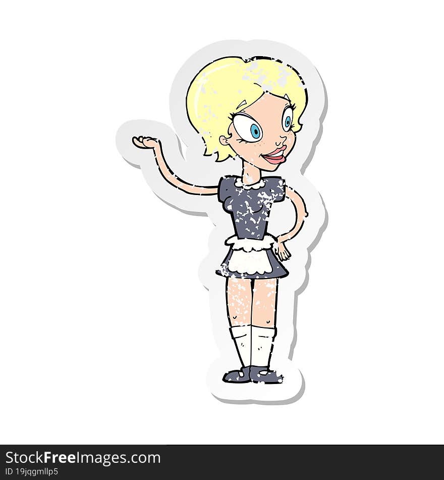 retro distressed sticker of a cartoon woman in maid costume