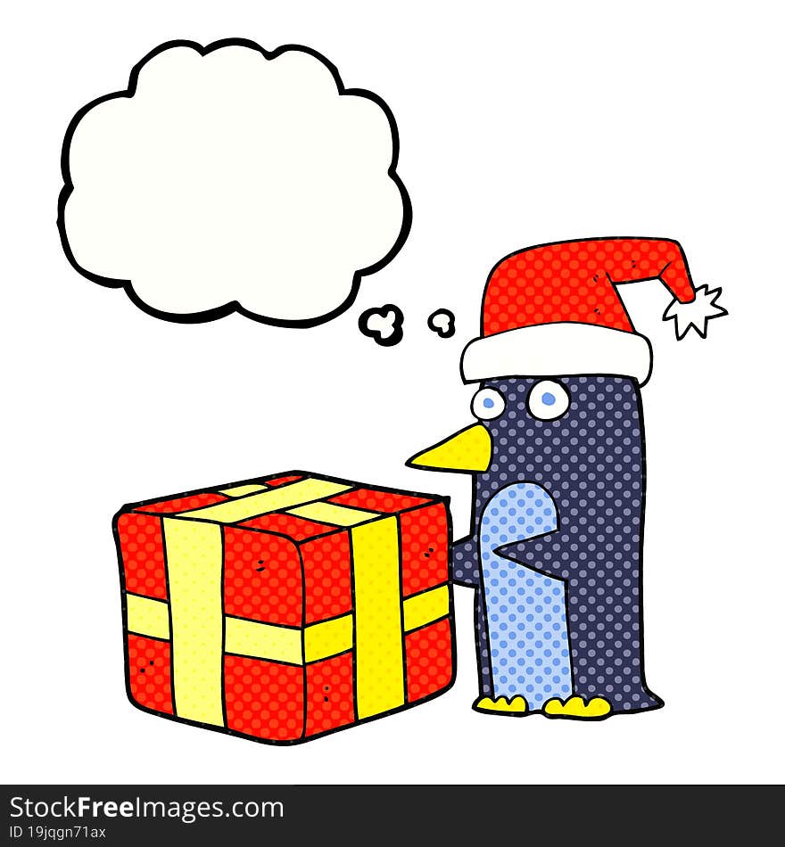 thought bubble cartoon christmas penguin with present