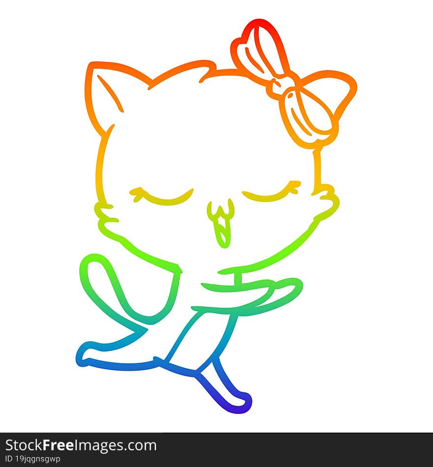 rainbow gradient line drawing cartoon cat with bow on head