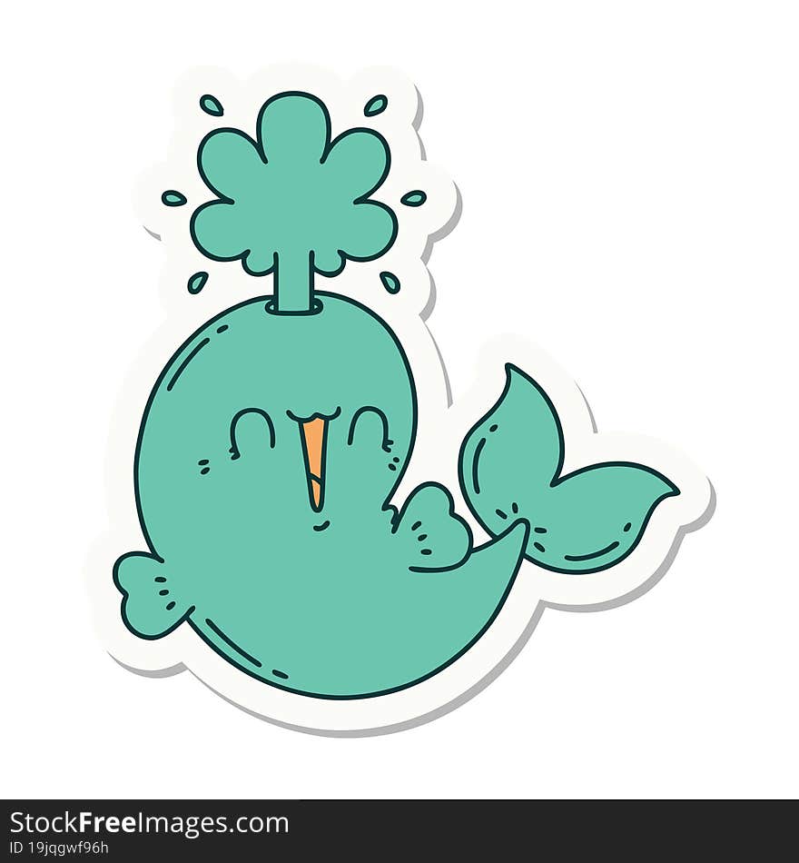 sticker of tattoo style happy squirting whale character