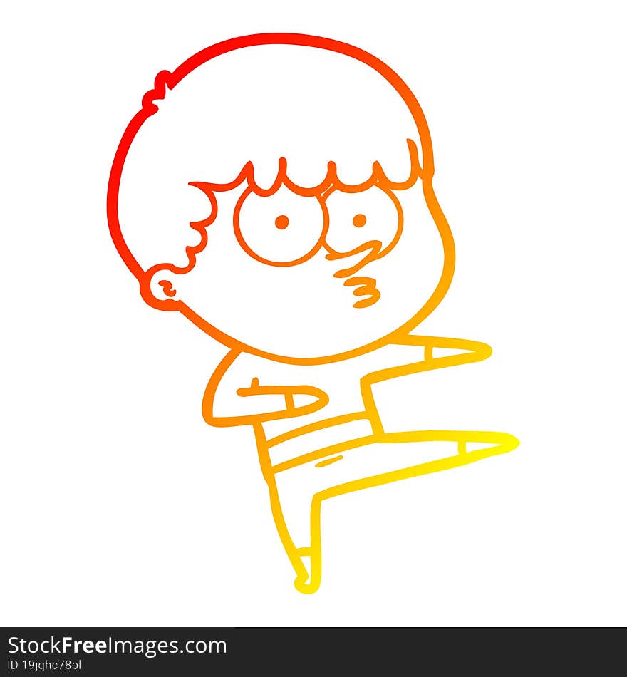 warm gradient line drawing of a cartoon curious boy dancing