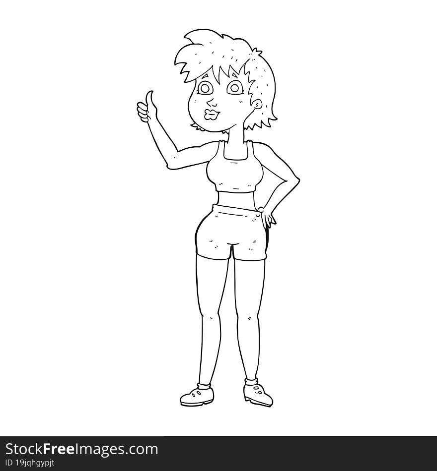 freehand drawn black and white cartoon happy gym woman