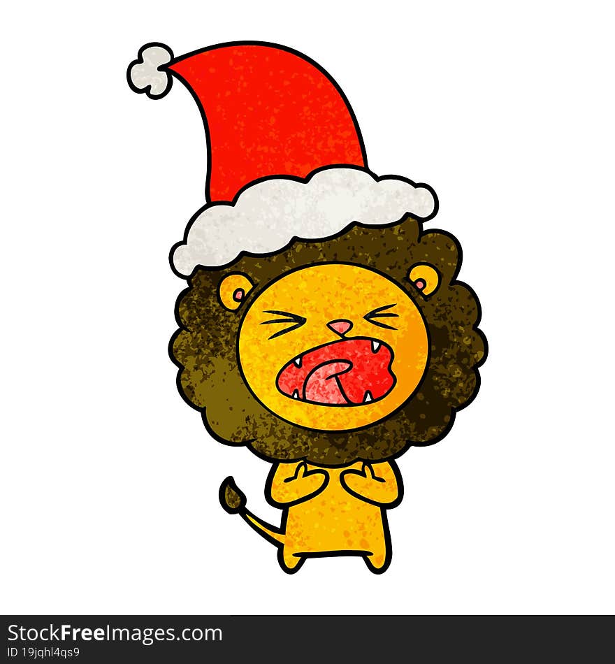 Textured Cartoon Of A Lion Wearing Santa Hat