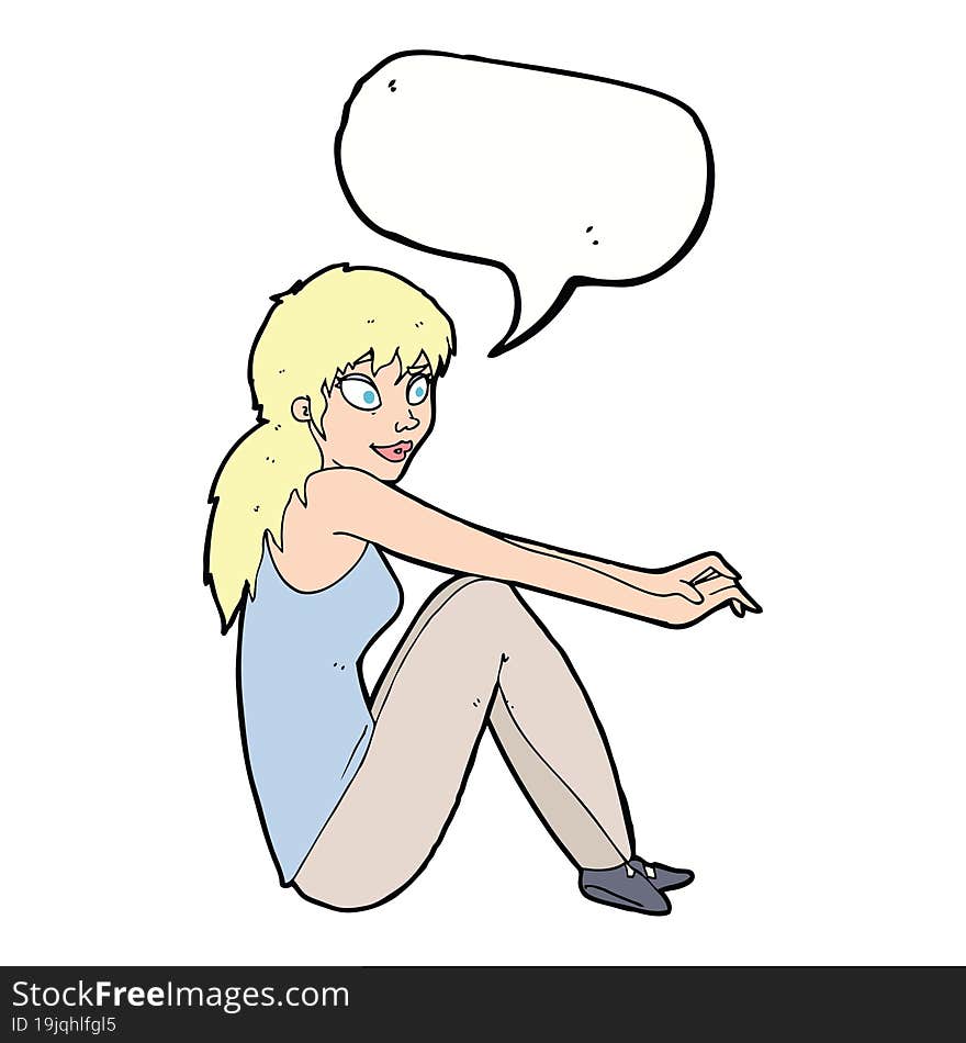 cartoon happy woman sitting with speech bubble