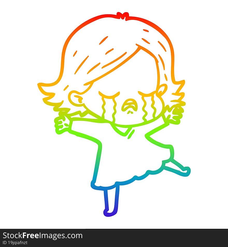 rainbow gradient line drawing of a cartoon girl crying