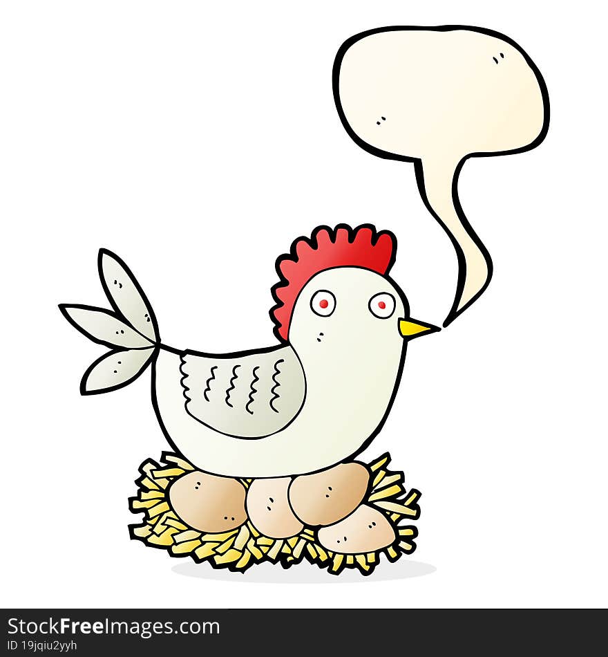 cartoon hen on eggs with speech bubble