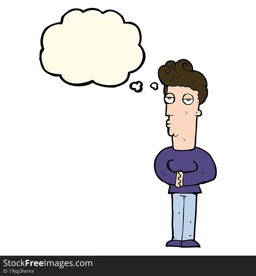 cartoon jaded man with thought bubble