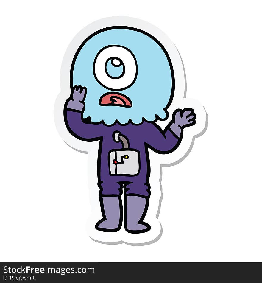 sticker of a worried cartoon cyclops alien spaceman