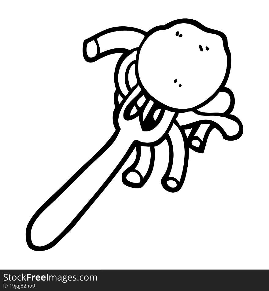 black and white cartoon spaghetti and meatballs on fork