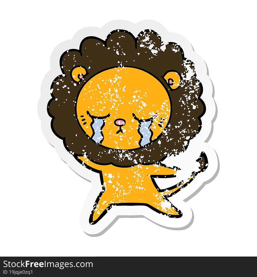 distressed sticker of a crying cartoon lion