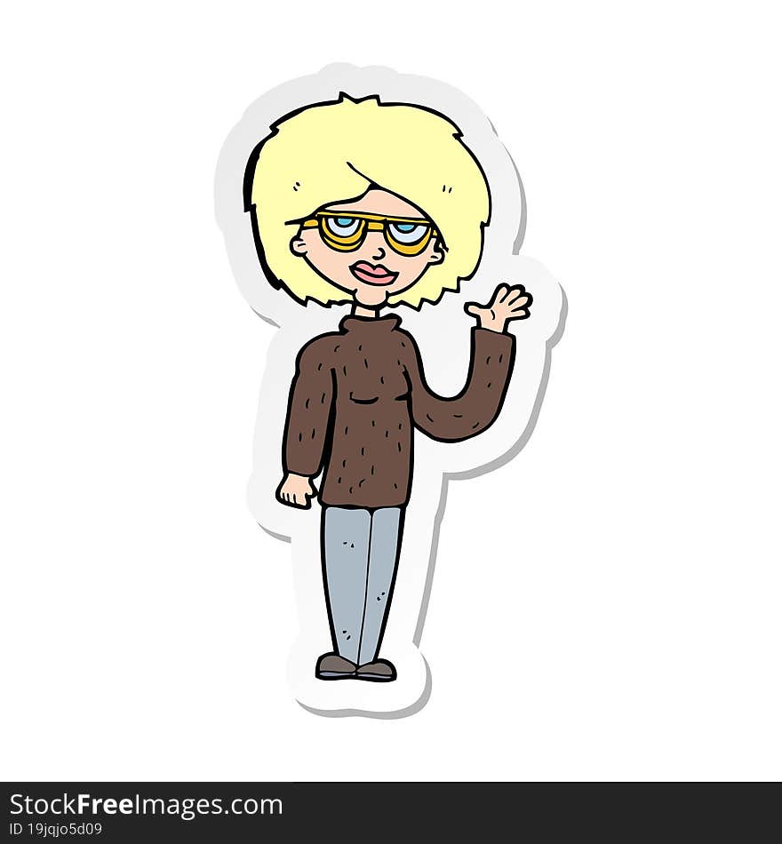 sticker of a cartoon woman waving