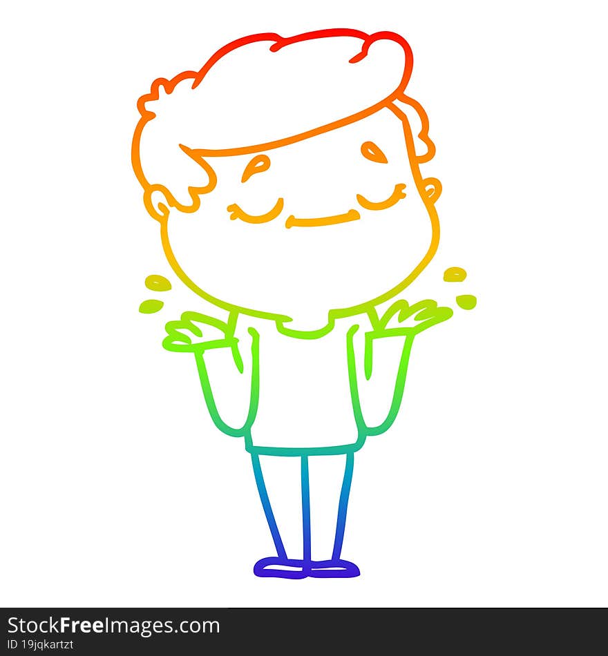 rainbow gradient line drawing of a cartoon peaceful man shrugging