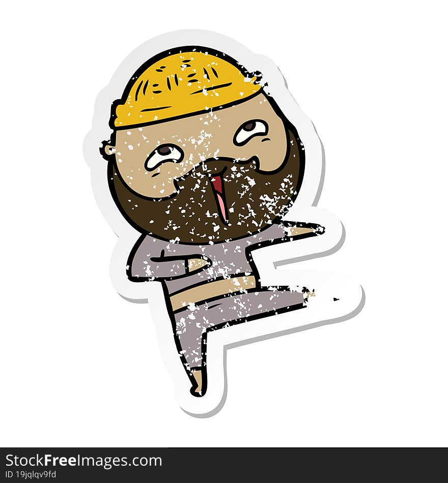 distressed sticker of a cartoon happy bearded man