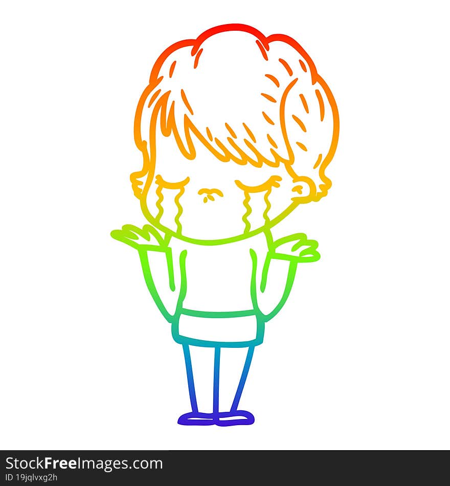 rainbow gradient line drawing of a cartoon woman crying