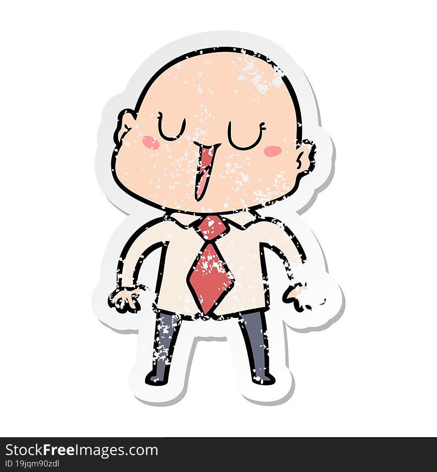 distressed sticker of a happy cartoon bald man