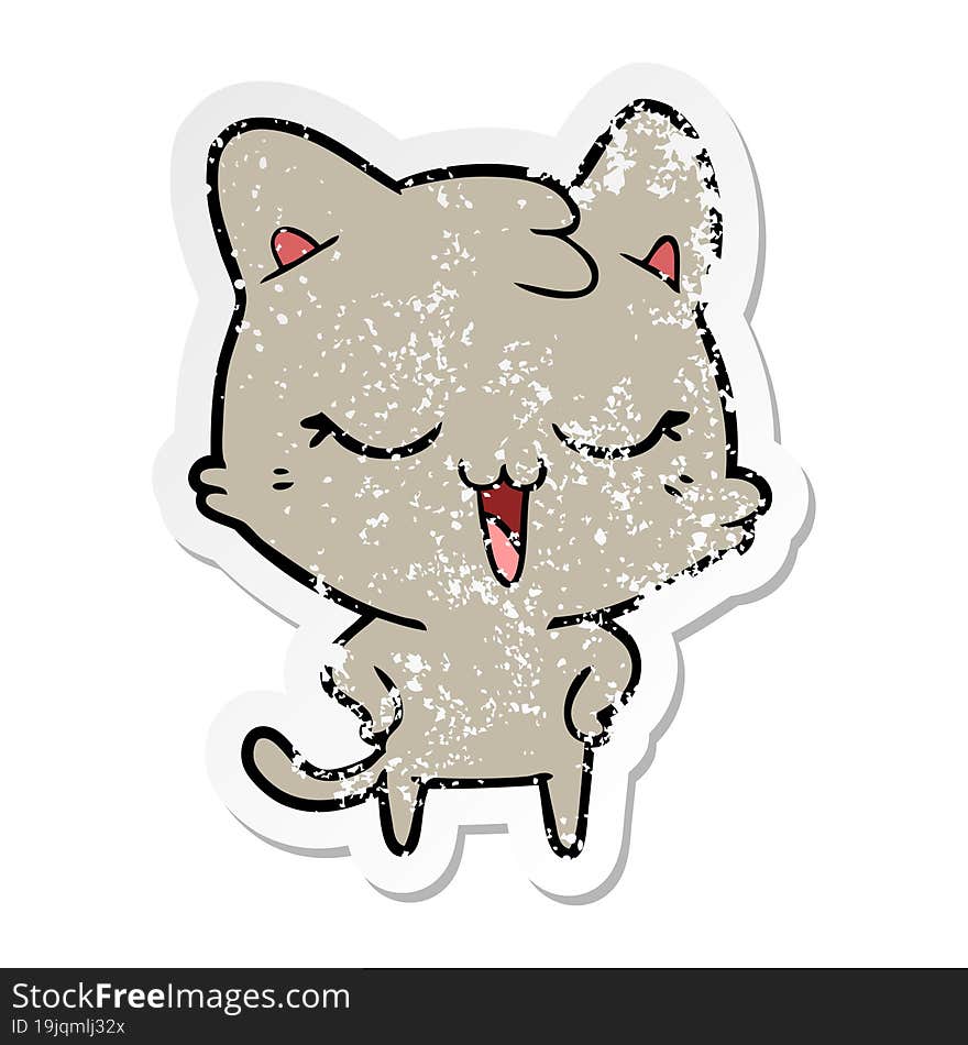 distressed sticker of a happy cartoon cat