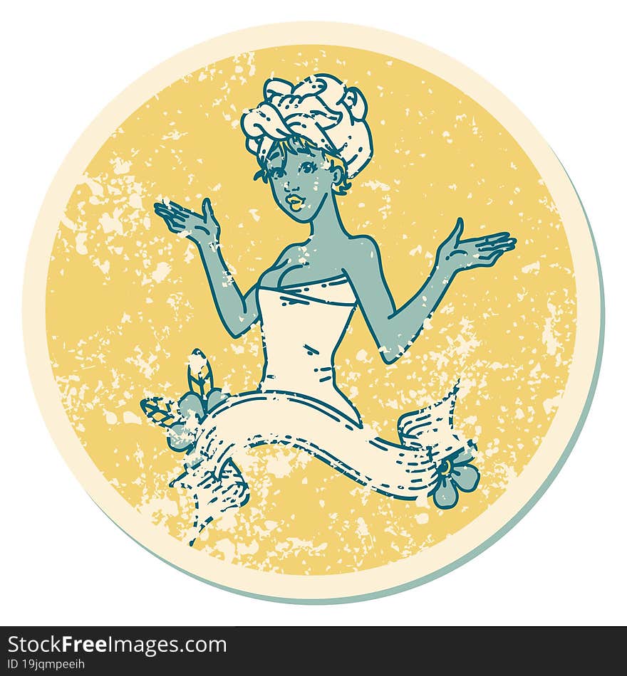 distressed sticker tattoo in traditional style of a pinup girl in towel with banner. distressed sticker tattoo in traditional style of a pinup girl in towel with banner