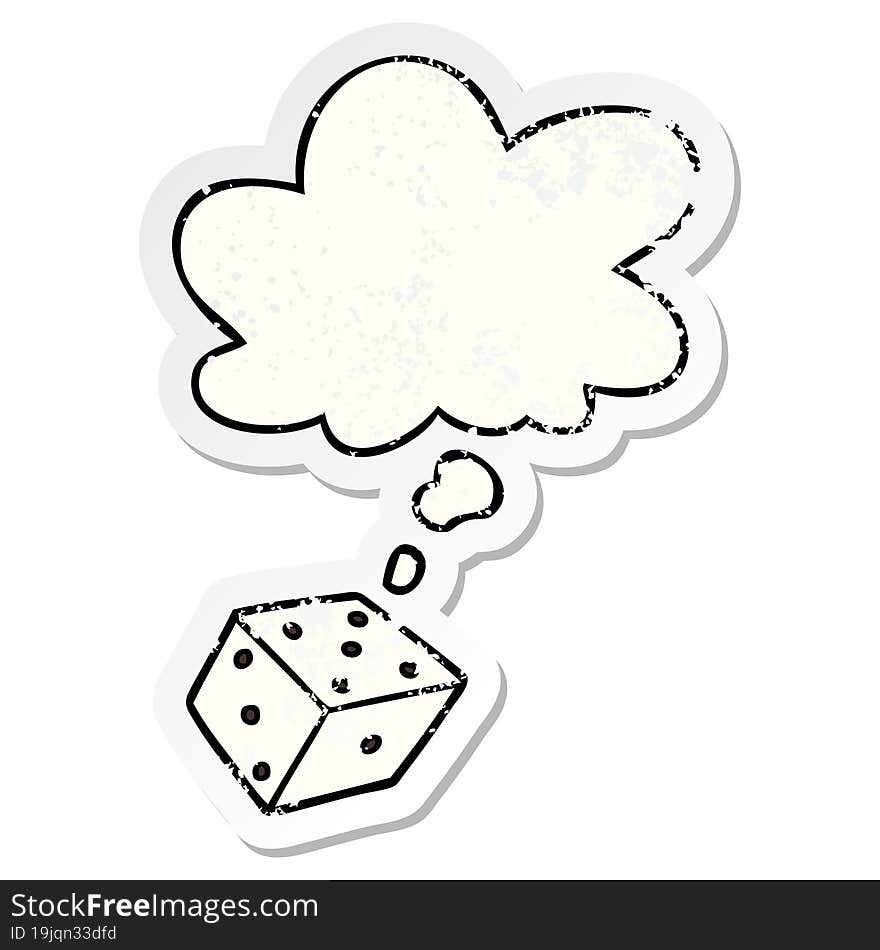 cartoon dice and thought bubble as a distressed worn sticker