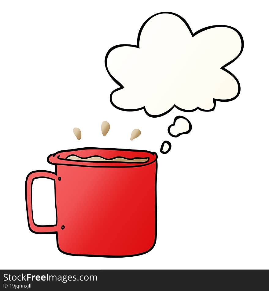 cartoon camping cup of coffee with thought bubble in smooth gradient style