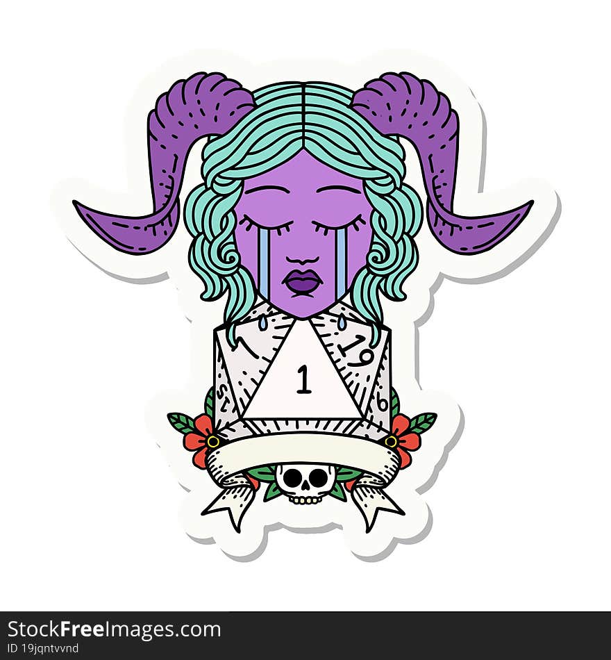 sticker of a crying tiefling face with natural 1 D20 Dice. sticker of a crying tiefling face with natural 1 D20 Dice