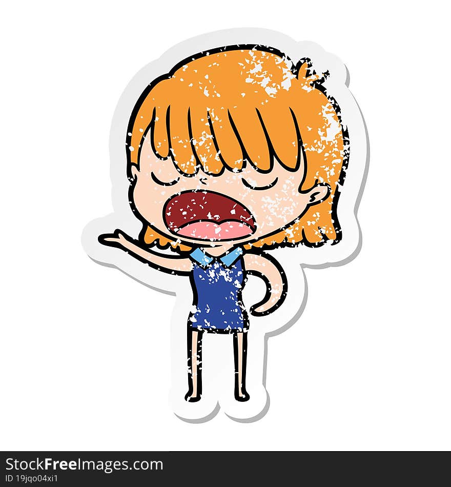 distressed sticker of a cartoon woman talking loudly