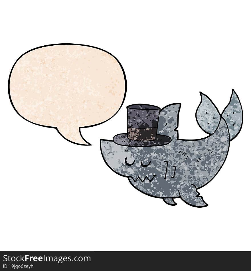 Cartoon Shark Wearing Top Hat And Speech Bubble In Retro Texture Style