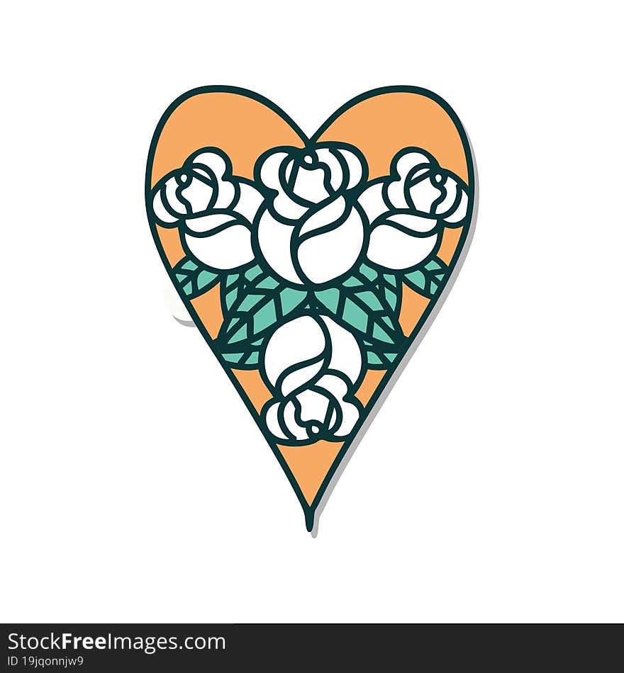 sticker of tattoo in traditional style of a heart and flowers. sticker of tattoo in traditional style of a heart and flowers