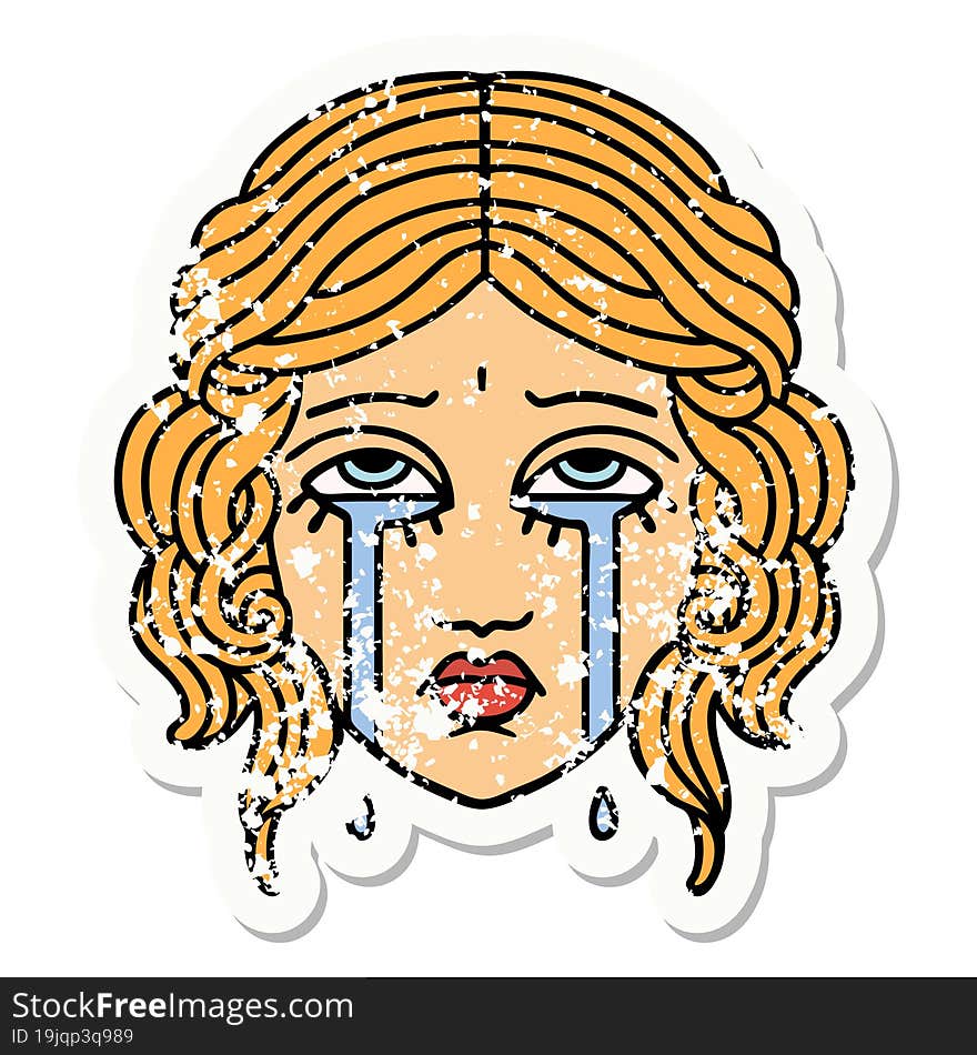 traditional distressed sticker tattoo of female face crying