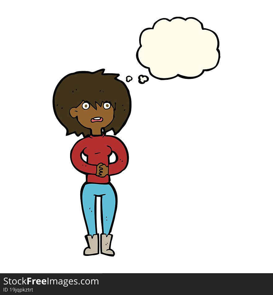 cartoon worried woman with thought bubble