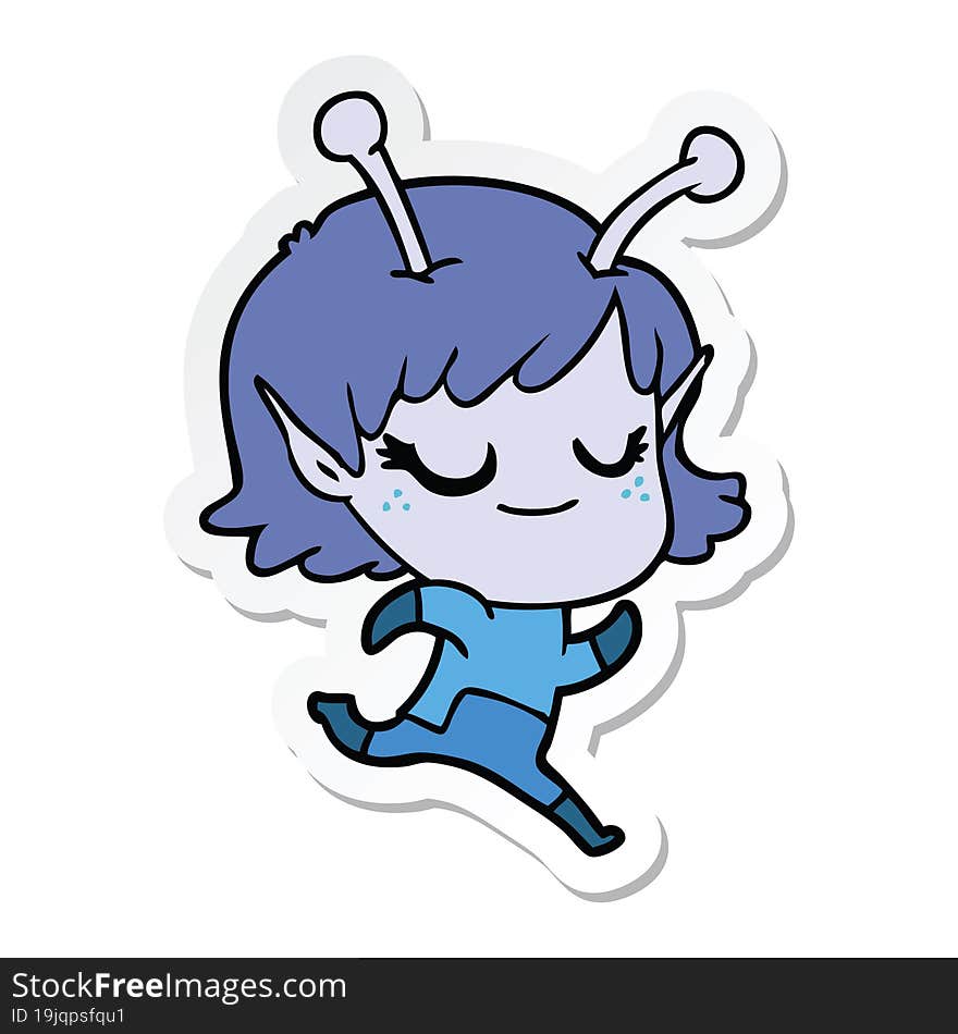 sticker of a smiling alien girl cartoon running