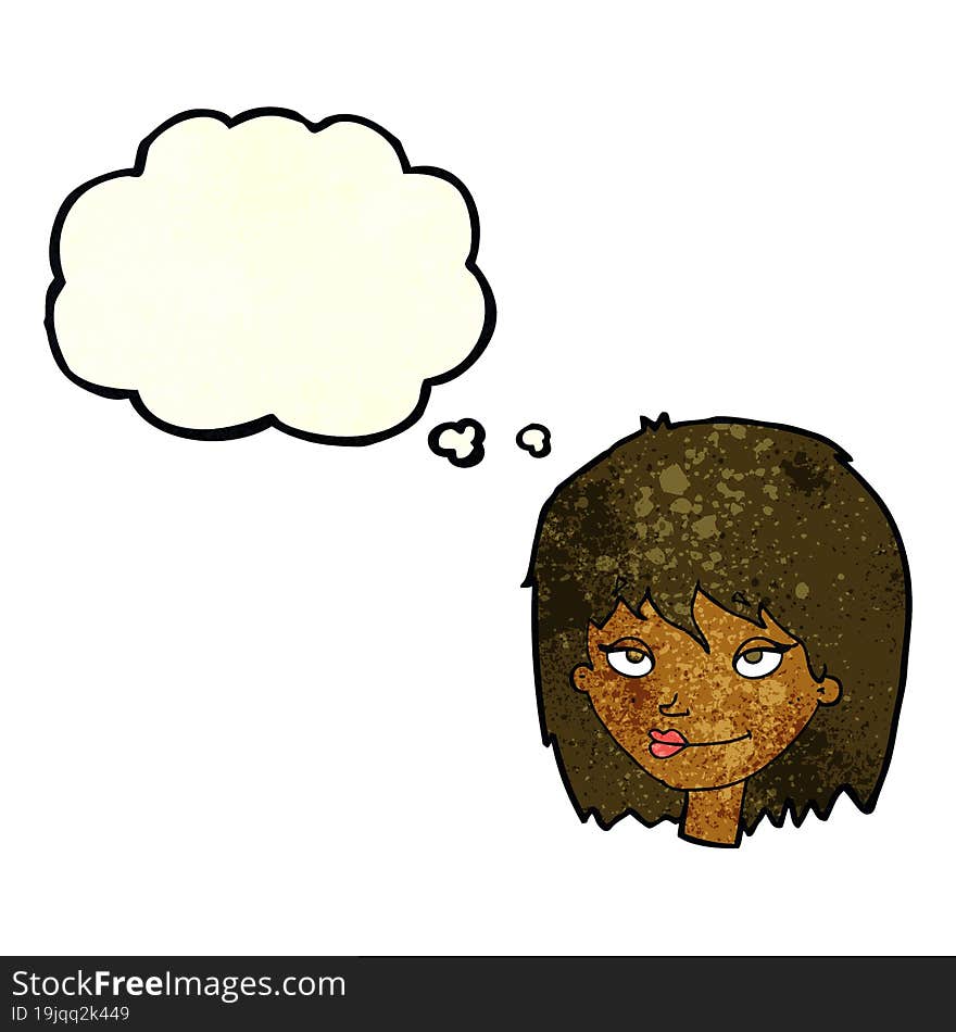 cartoon smiling woman with thought bubble