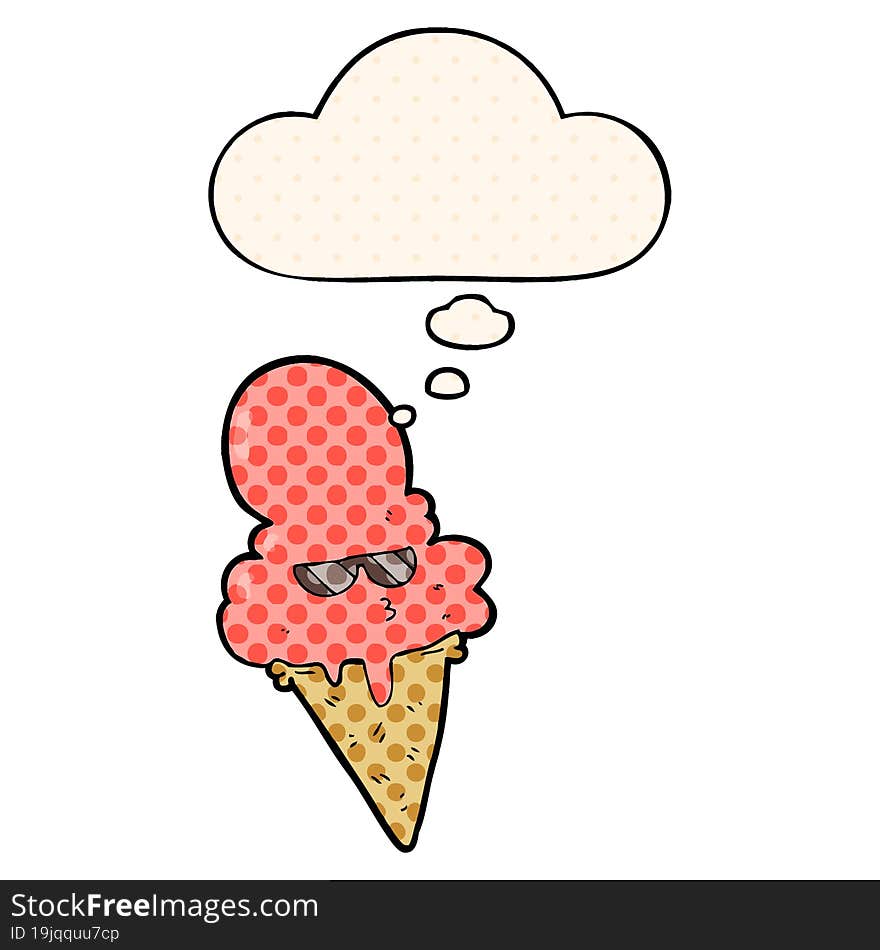 cartoon cool ice cream and thought bubble in comic book style