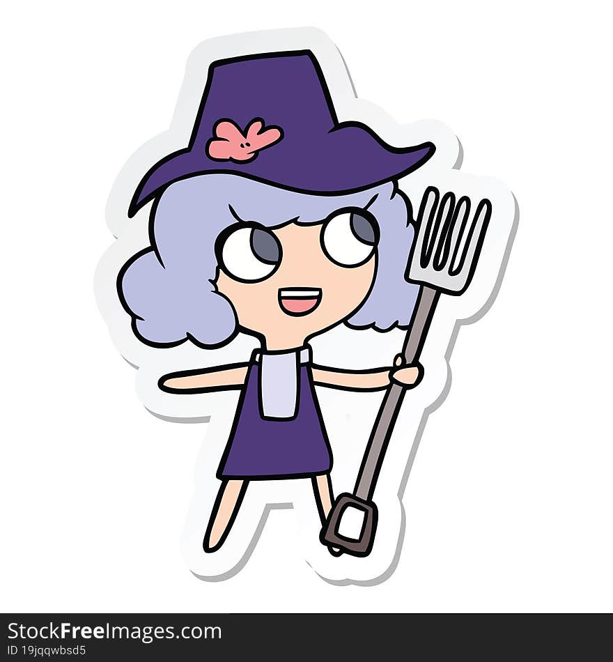 Sticker Of A Cartoon Farmer Girl With Fork