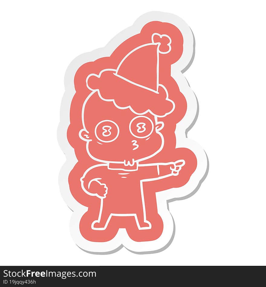 Cartoon  Sticker Of A Weird Bald Spaceman Wearing Santa Hat