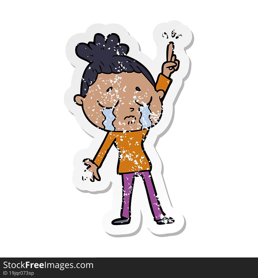 distressed sticker of a cartoon crying woman raising hand