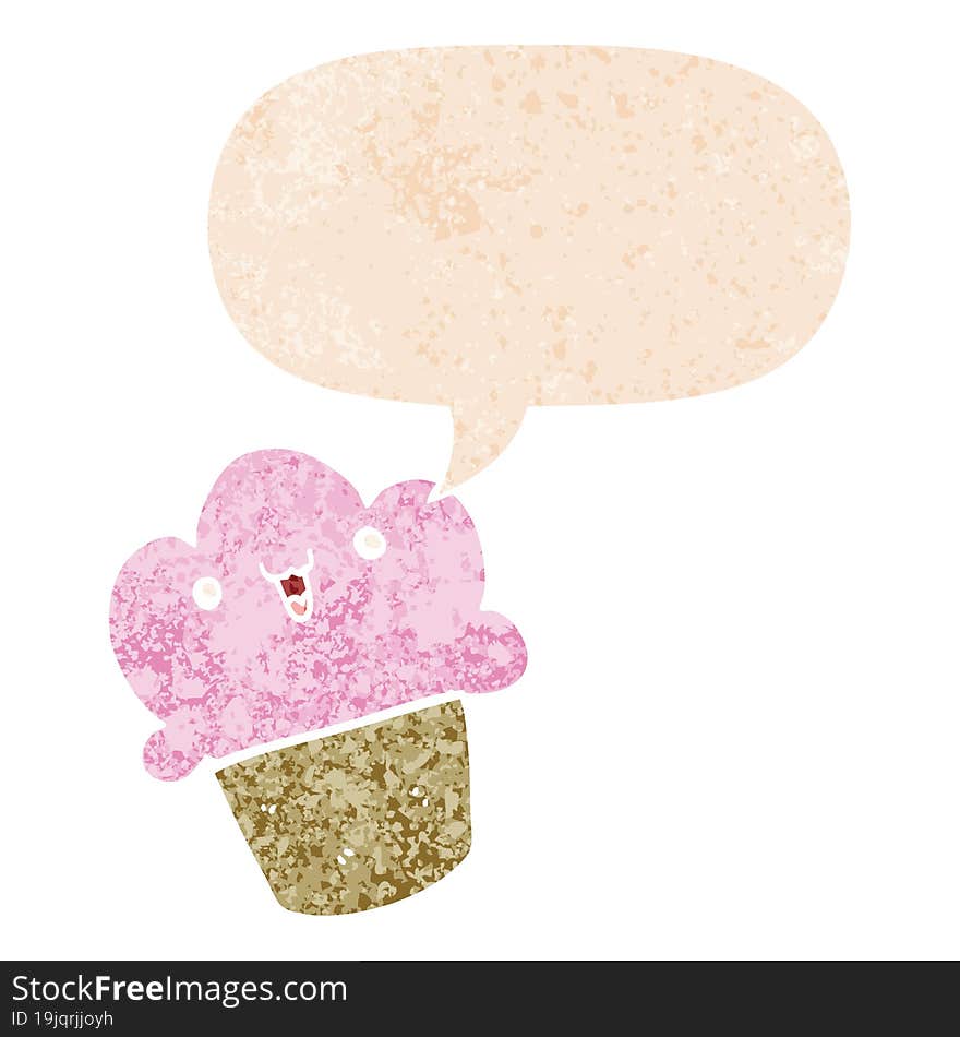 cartoon cupcake with face and speech bubble in retro textured style