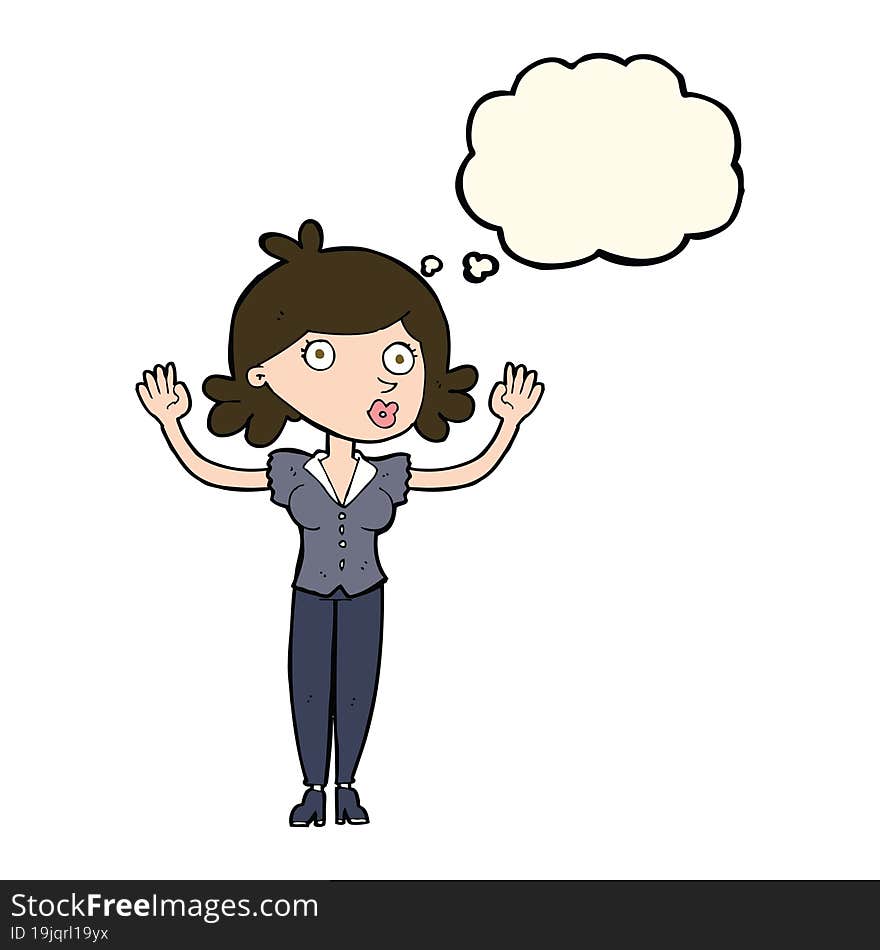 cartoon woman surrendering with thought bubble