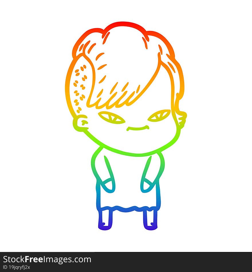 Rainbow Gradient Line Drawing Cute Cartoon Girl With Hipster Haircut