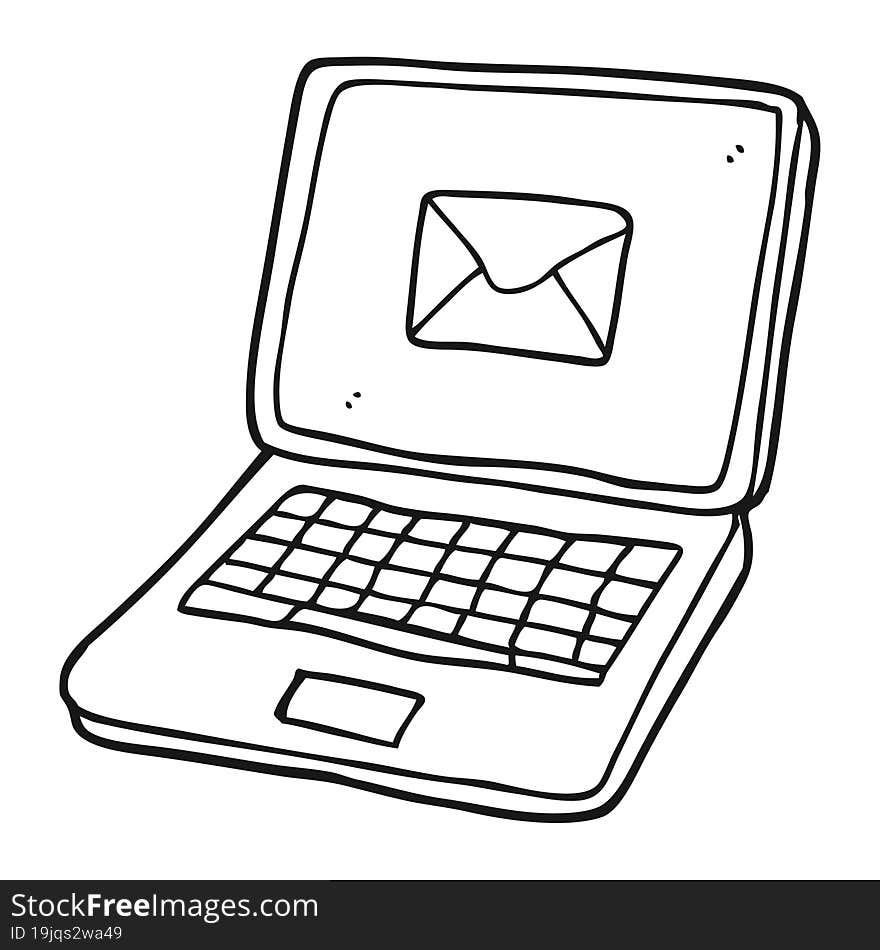 black and white cartoon laptop computer with message symbol on screen