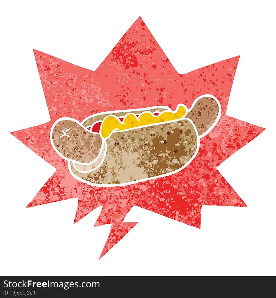 Cartoon Hot Dog And Speech Bubble In Retro Textured Style